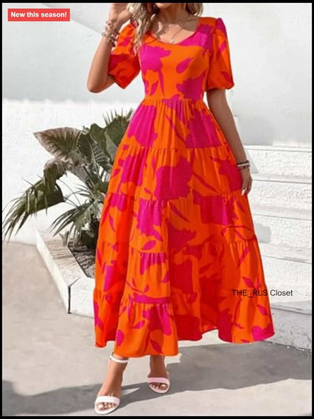 Puff Short Sleeve Scoop Neck Floral Maxi Dress with Tiered Hem - Picture 4 of 7